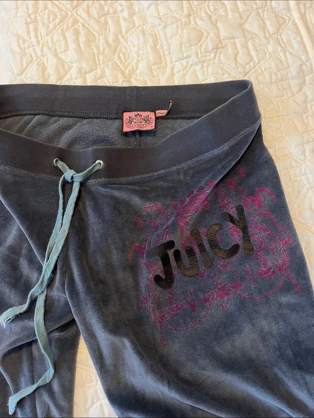 Vintage Juicy Couture washed blue Velour Joggers with Pink Crest